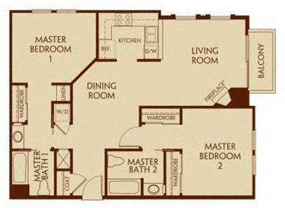 Floor plan for 2 beds, 2 baths, 1020 sqft
